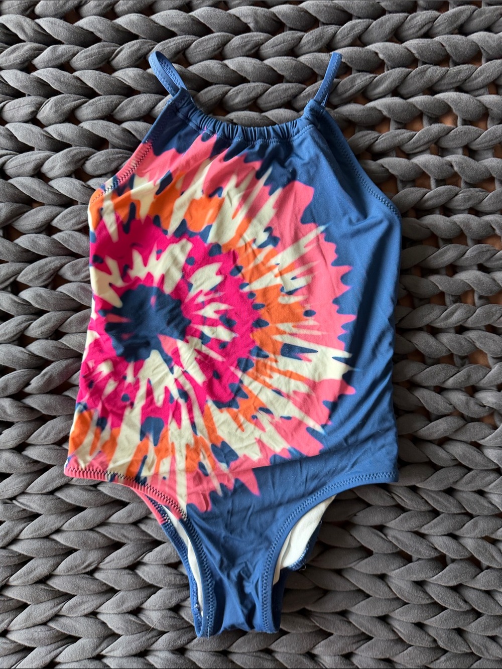 Hatley Blue One-Piece Swimsuit with Pink Orange Tie-Dye